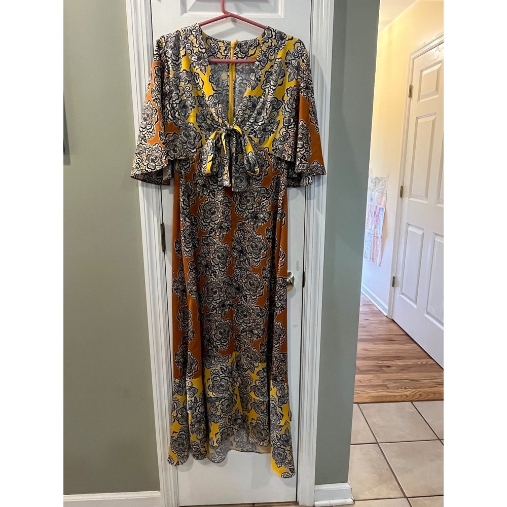 Alexis Yellow Orange Floral Tie Front Bell Sleeve High Low Maxi Dress XL B6
